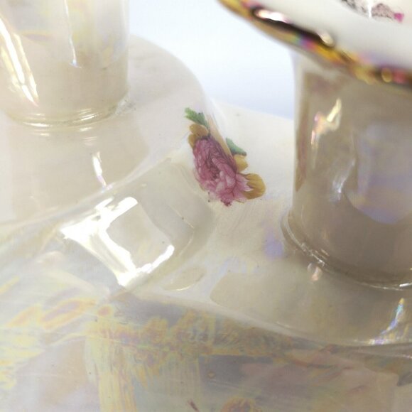 VTG 1950s Candle Holder Planter Iridescent Roses Ivory Unique Handmade Signed - Picture 6 of 15